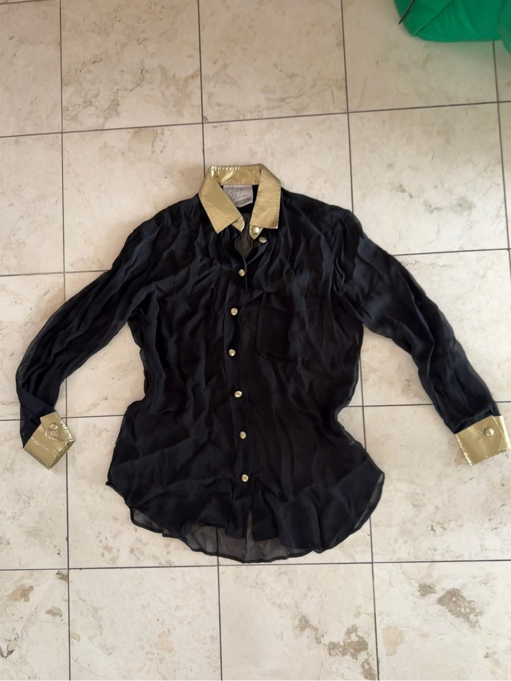 vintage moschino black sheer button up shirt gold contrast